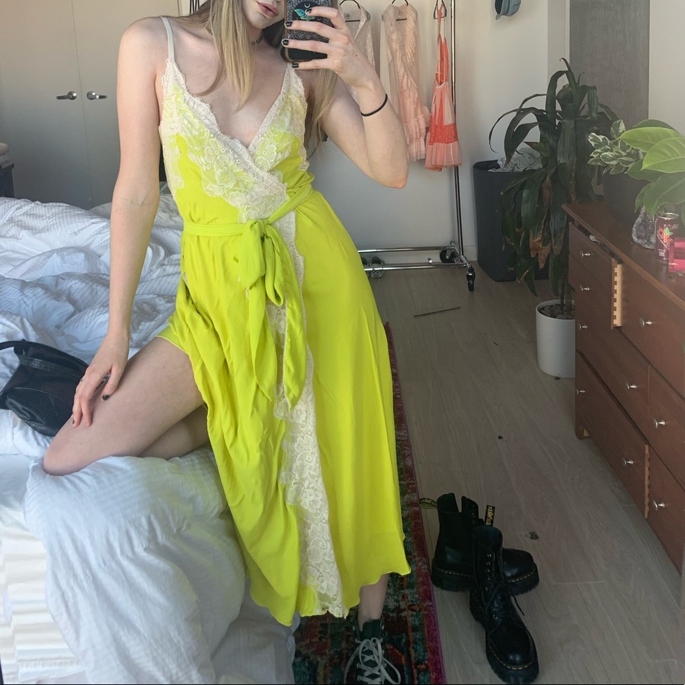 We are HAH neon wrap dress with lace detail